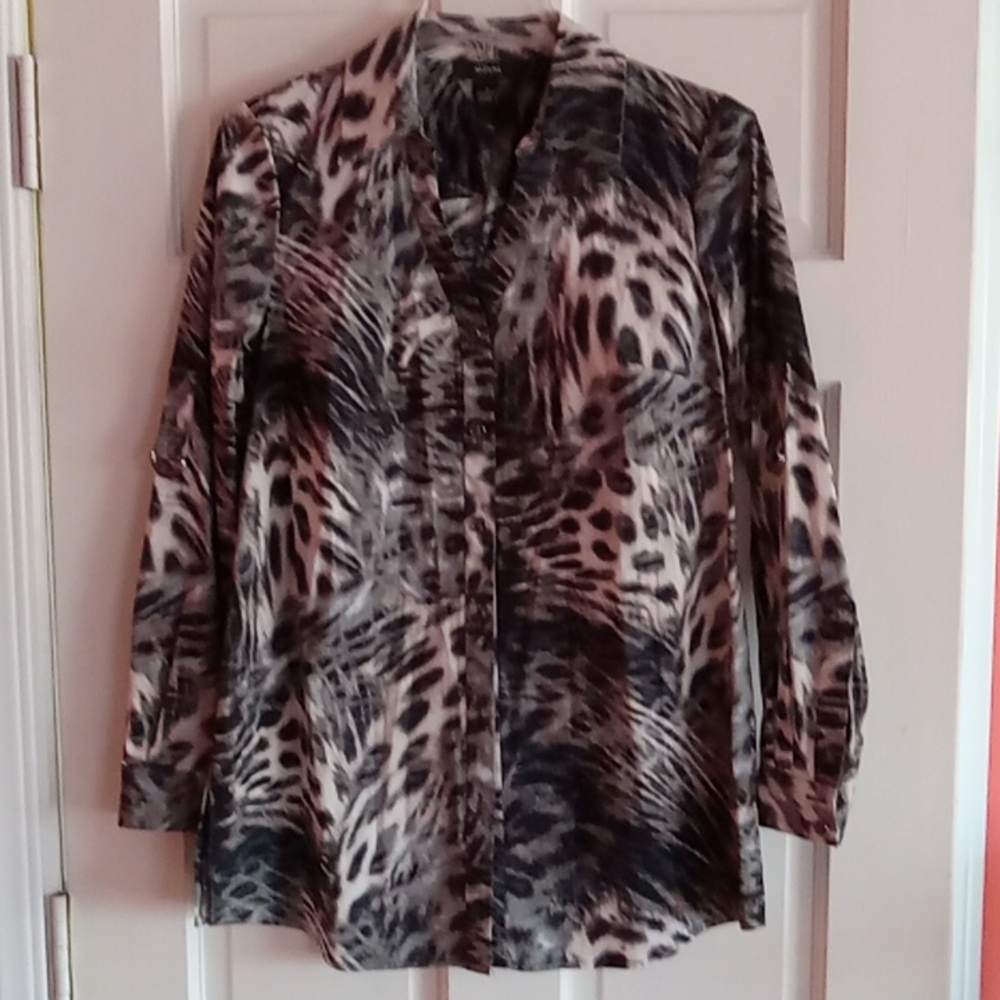 NWOT Alfani Animal Print Button-Up Long Blouse, Size 4